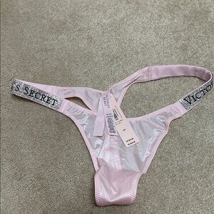 Victoria's Secret Light Pink Satin Thong with Rhinestone Logo Waistband